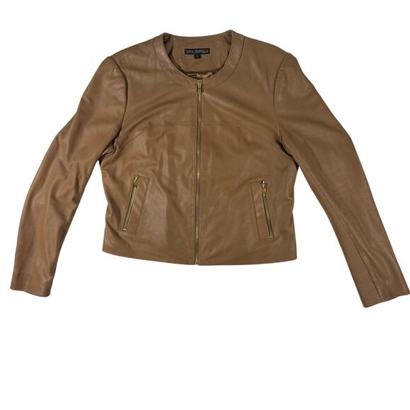Via Spiga 100% Lamb Leather Jacket Women’s L Brown Gold Zip Moto Style - Picture 1 of 8